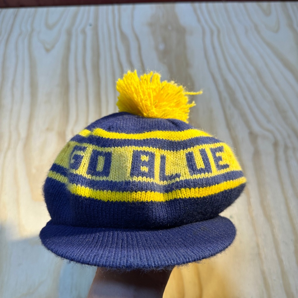 Vintage Go Blue Knit Beanie Pom Pom Brim Hat Blue Yellow Michigan Fan OSFM